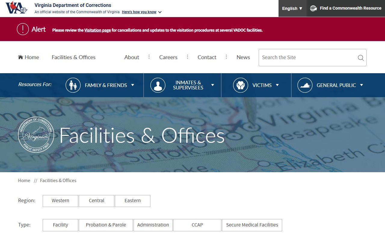 VADOC facilities and offices directory showing corrections locations and offices